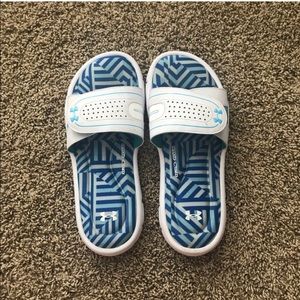 White and Blue under armour Slides